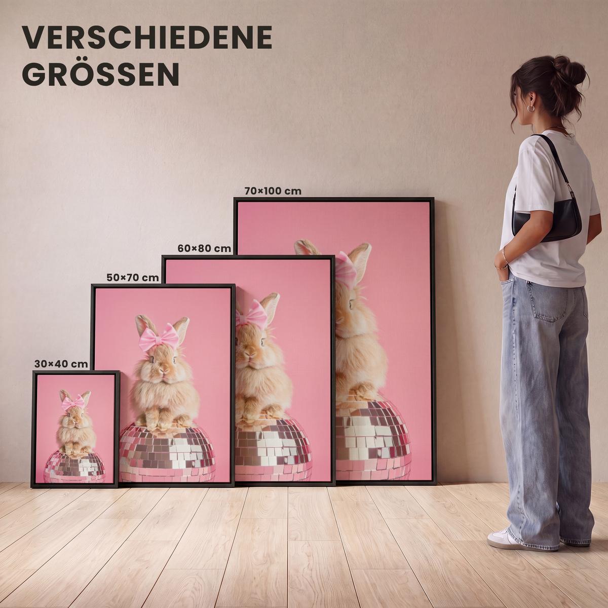 LEINWAND Bilder mit Rahmen - Schleife - Discoball - Kaninchen - 60x80 - Pink, Textil (60/80cm) - MuchoWow