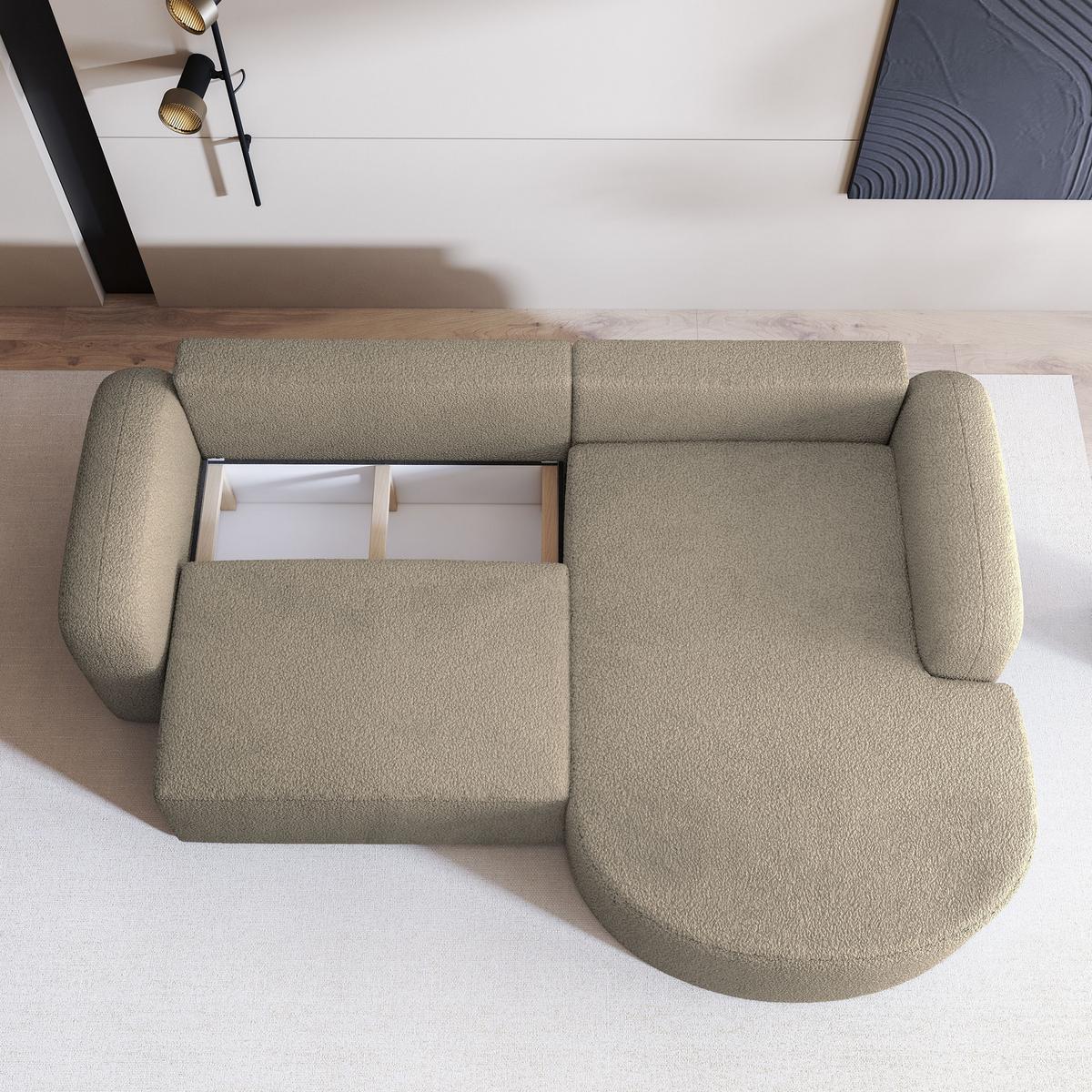 ECKSOFA AMILIA R-S Beige Boucle-Stoff mit Schlaffunktion - Beige, Holz (263/174cm) - MASSENO