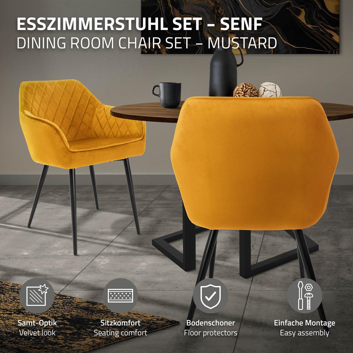 ESSZIMMERSTUHL 4er Set Senfgelb Samt - Gelb/Schwarz, Textil/Metall (63/80/60cm) - ML-DESIGN