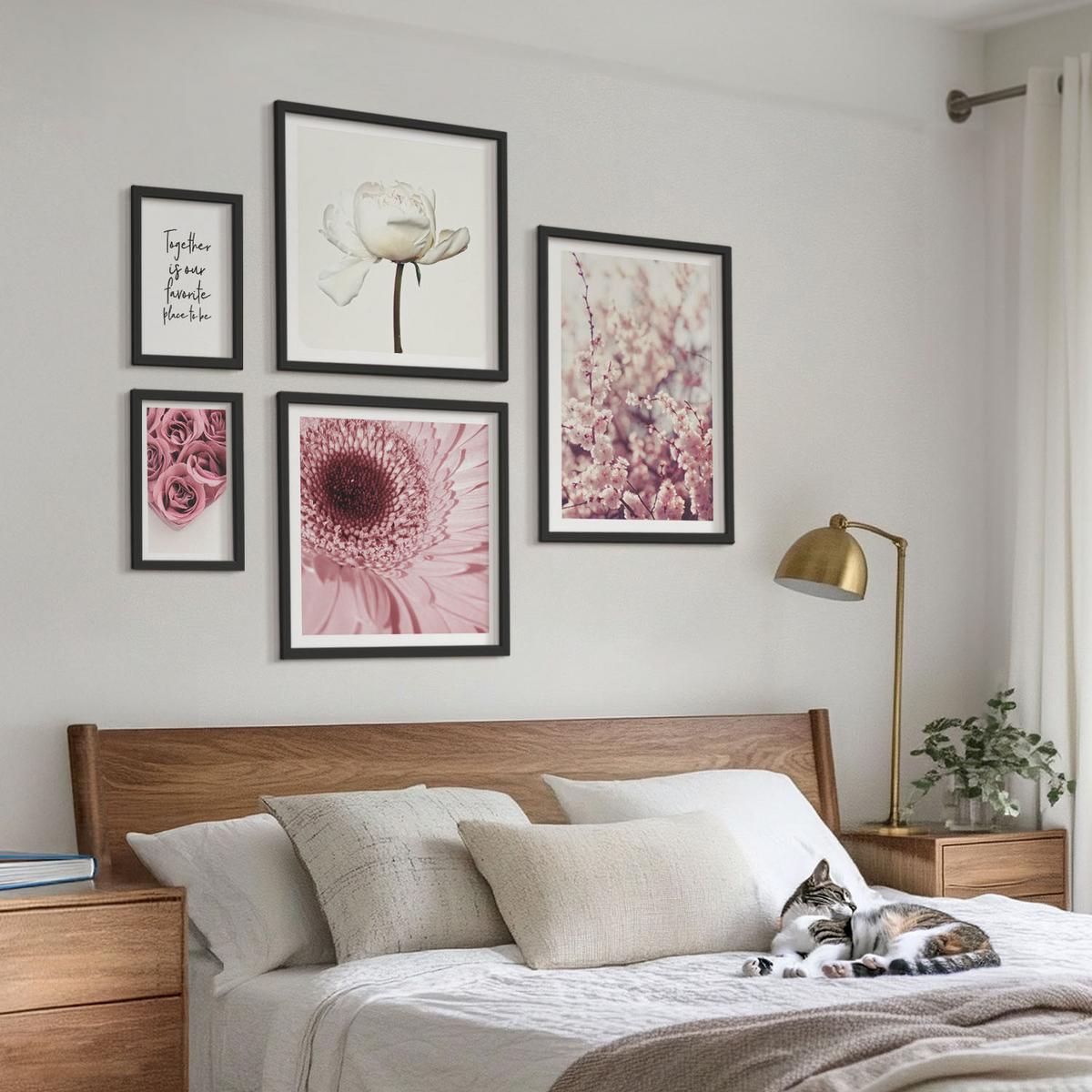 BILDER SET 5er Set - 50x50 cm & 20x30 cm & 40x60 cm Schwarzer Rahmen - Blumensträuße mit Rosen, Hausinschrift - Schwarz, Kunststoff (40/60cm) - TULUP