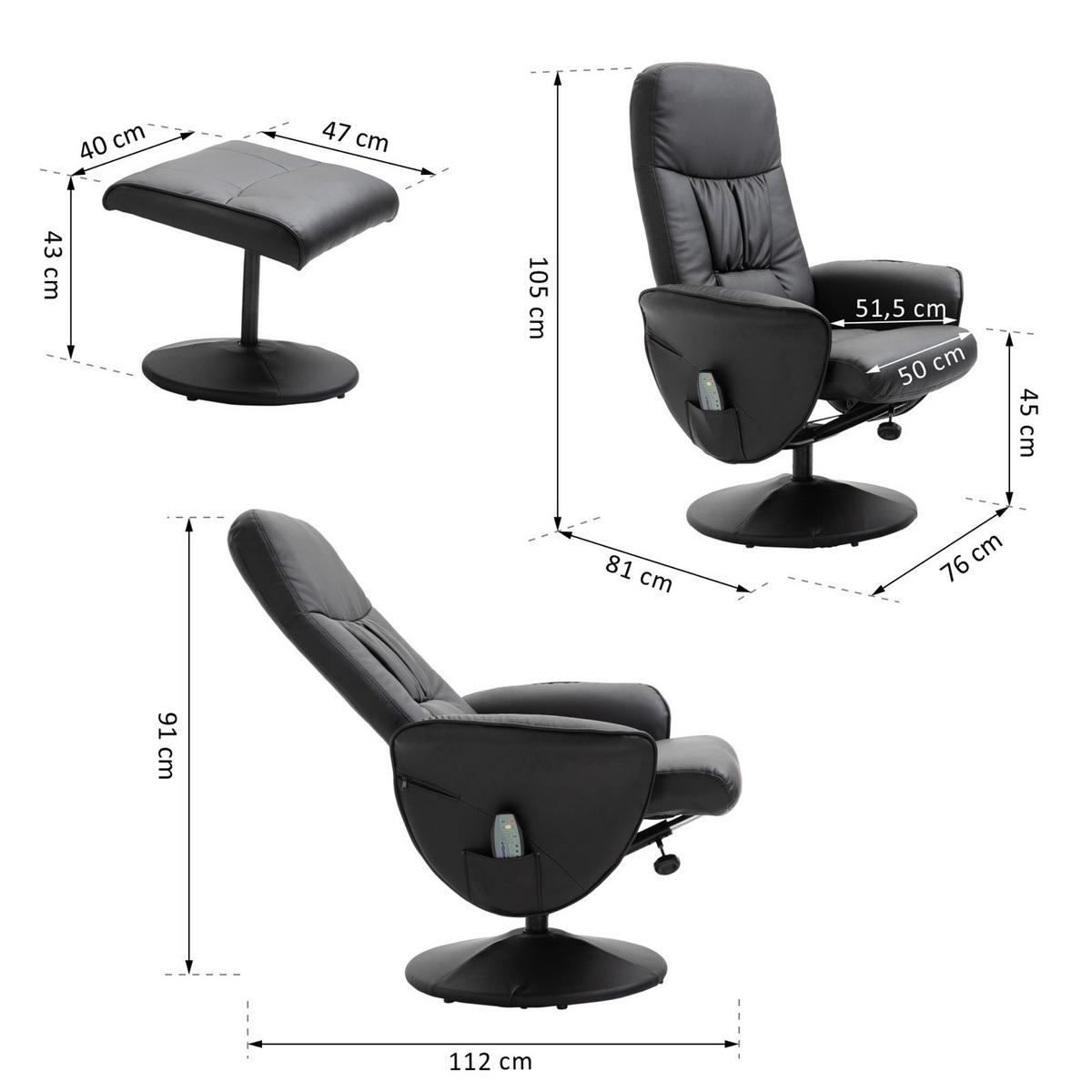 RELAXSESSEL Massagesessel mit Liegefunktion Fußhocker Stauraum TV-Sessel Schwarz - Schwarz, Kunststoff/Metall (81/105/76cm) - HOMCOM