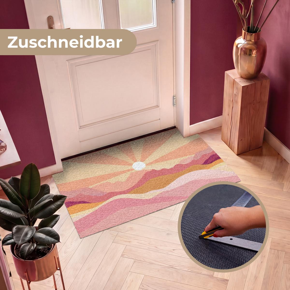 FUSSMATTE Berge - Abstrakt - Sonnenstrahlen - Rosa Sauberlaufmatte 120x80 cm - Rosa, Kunststoff (120/0.4cm) - MuchoWow