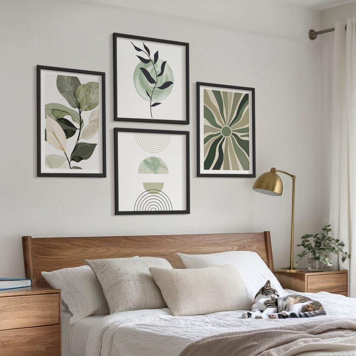 BILDER SET 4er Set - 50x50 cm & 40x60 cm Schwarzer Rahmen - Geometrische Pflanzenformen - Schwarz, Kunststoff (50/50cm) - TULUP