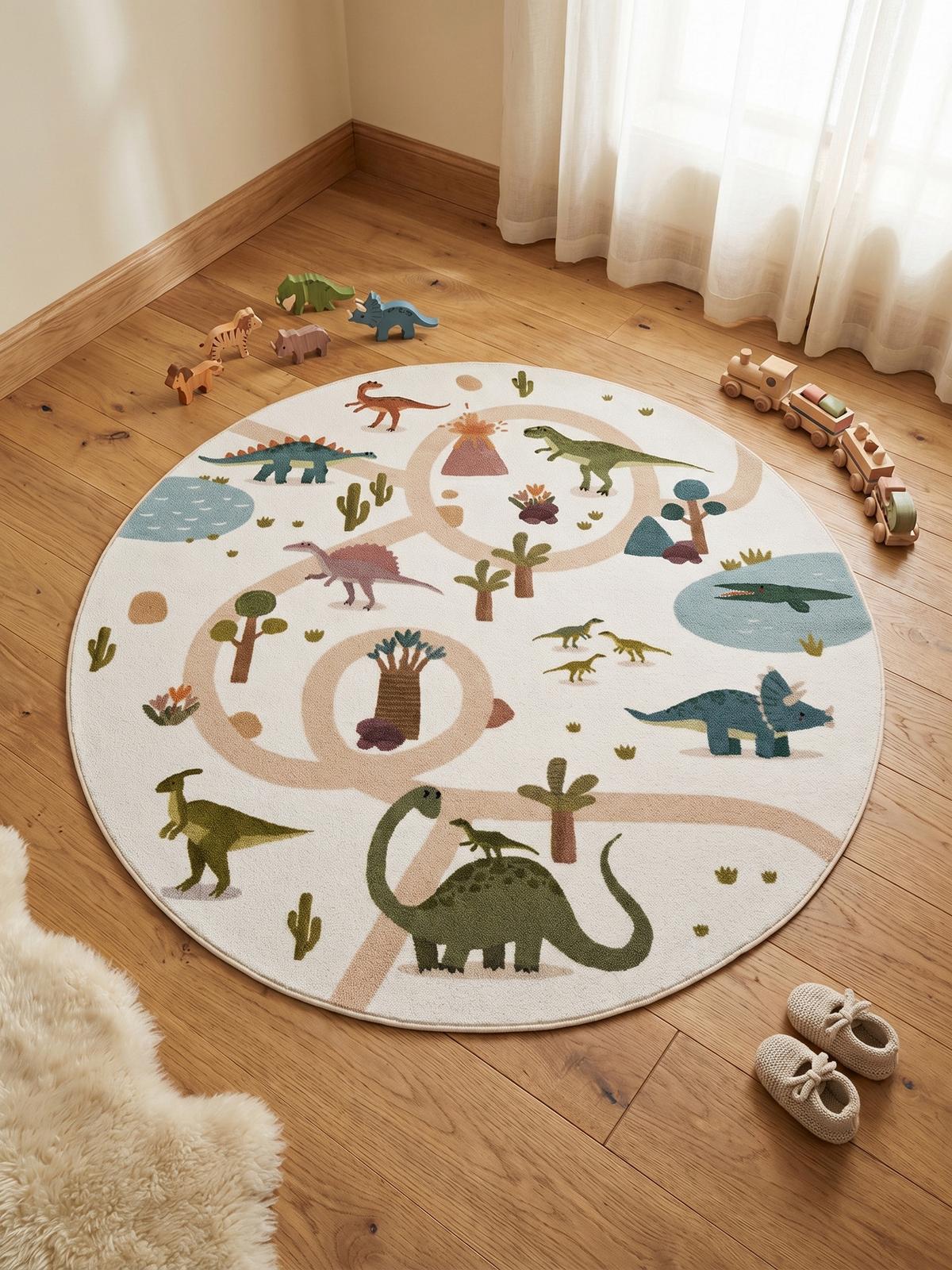 SPIELTEPPICH Waschbar TINO in Creme, mit Dino-Landschaft, Ø 160 cm - Beige, Textil (160/160cm) - KADIMA DESIGN