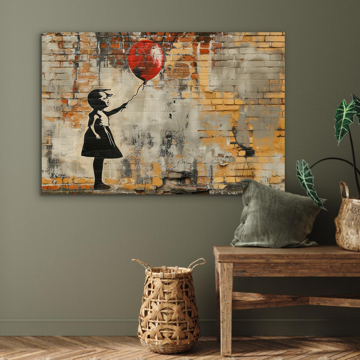 METALLBILD Graffiti - Banksy - Mädchen - Straßenkunst Deko Groß 120x80 cm - Sandfarben, Metall (120/80cm) - MuchoWow