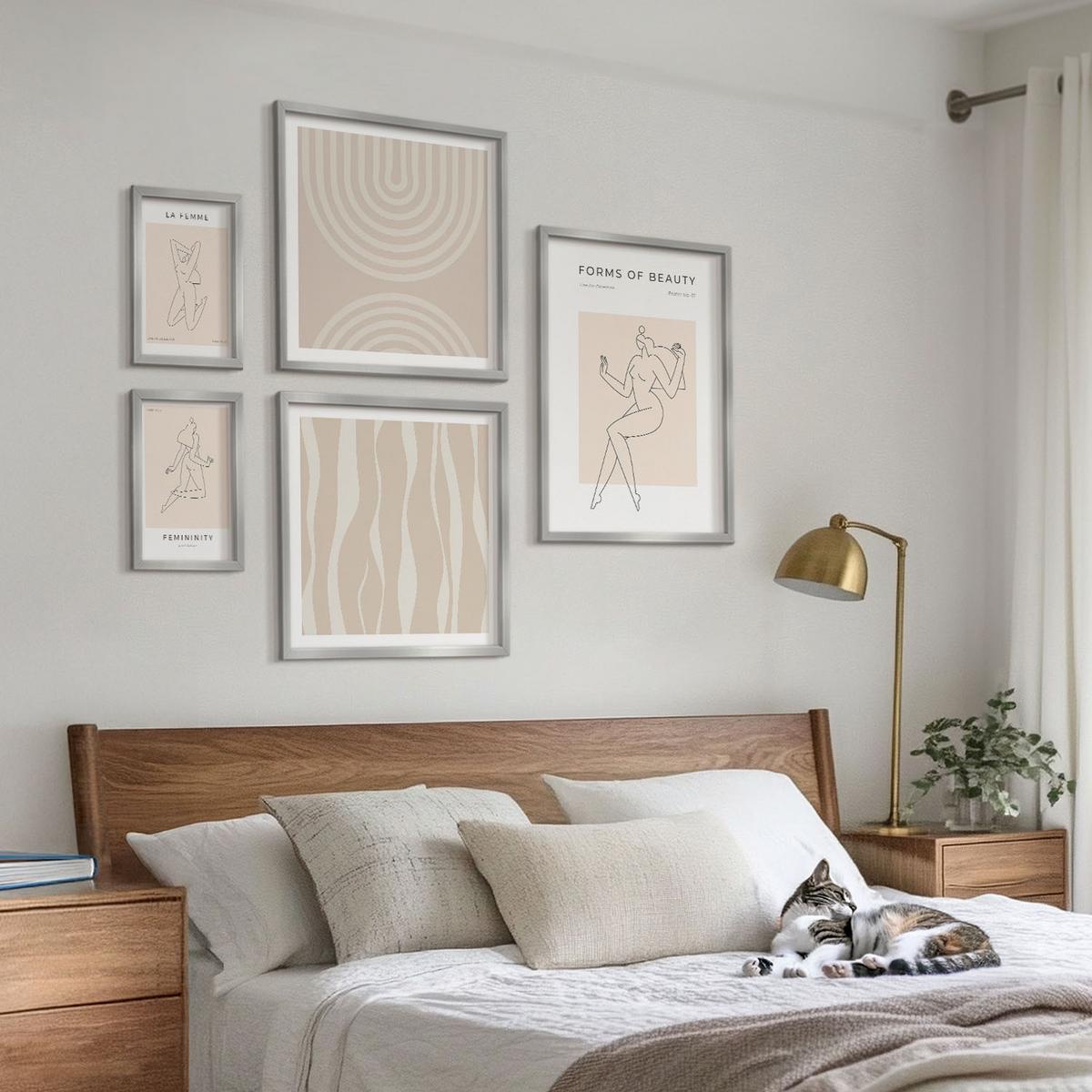 BILDER SET 5er Set - 50x50 cm & 20x30 cm & 40x60 cm Silberner Rahmen - Eine Sammlung minimalistischer Formen - Silberfarben, Kunststoff (40/60cm) - TULUP