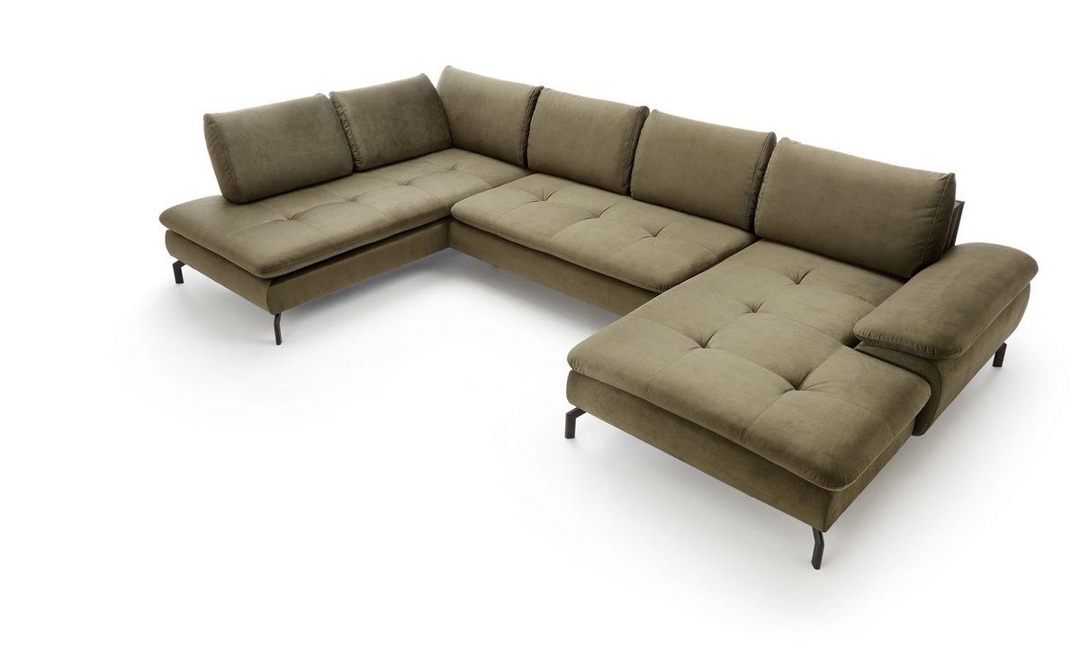 WOHNLANDSCHAFT VOLO Grün Plüsch-Stoff mit Schlaffunktion - Grün, Holz (347/82/205cm) - MASSENO