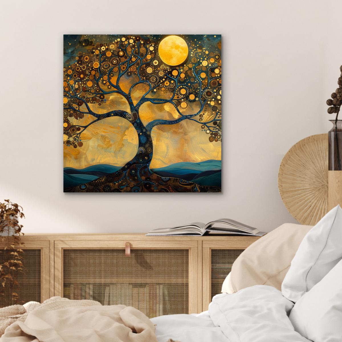 METALLBILD Baum - Mond - Blumen - Gold - Kunst 50x50 cm - Orange, Metall (50/50cm) - MuchoWow