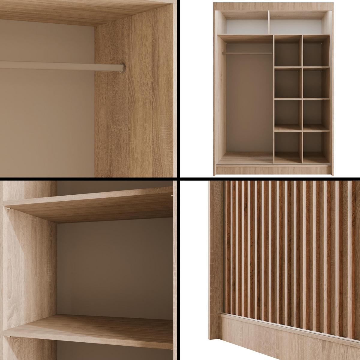KLEIDERSCHRANK mit LED, Lamel-Schiebetüren VILANv2 - 150 cm Sonoma Eiche + Sonoma Eiche + Lamelle Eiche Wotan - Eiche Wotan/Sonoma Eiche, Holzwerkstoff (150/215/61cm) - ALTDECOR