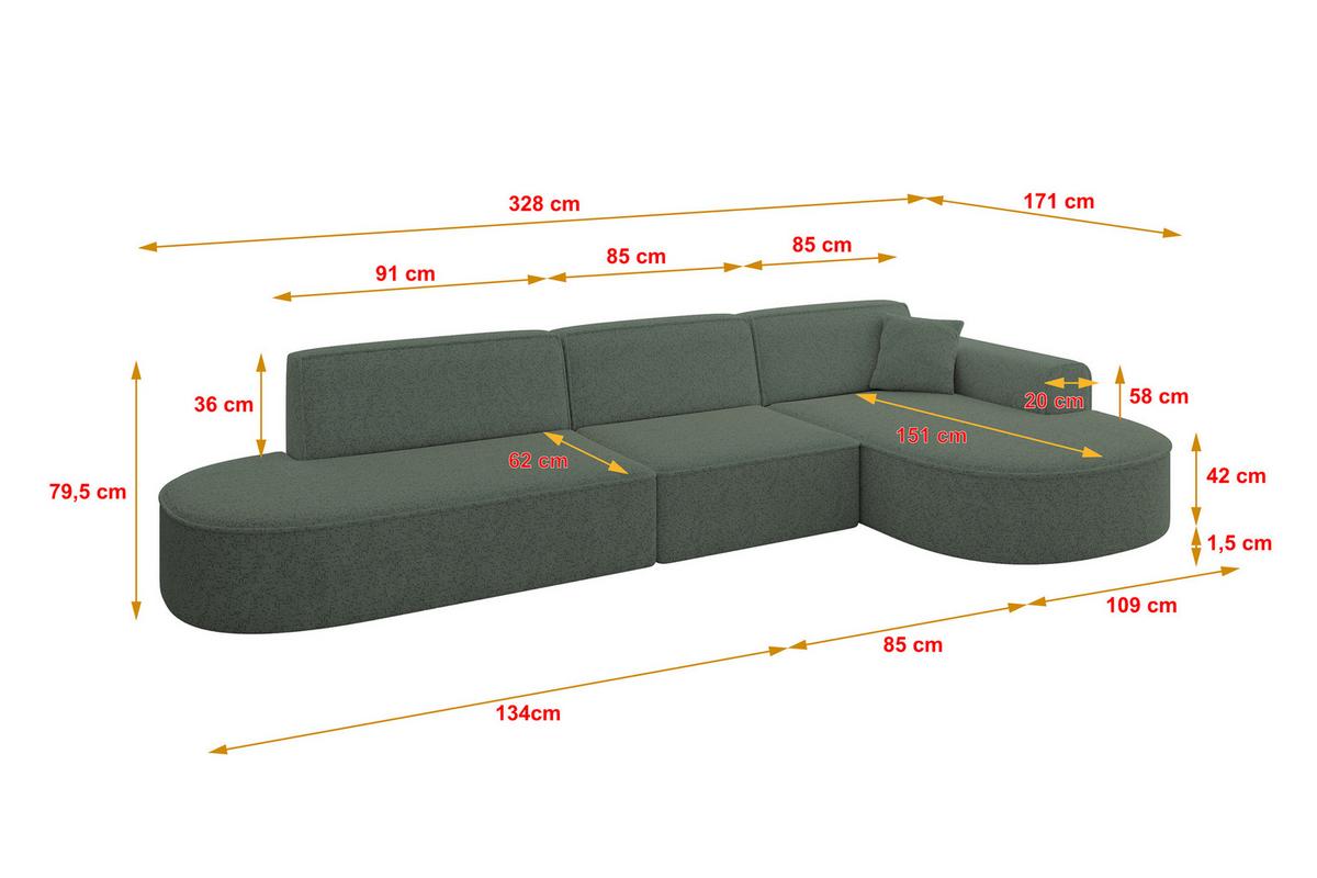 ECKSOFA Ottomane Rechts MARI-L2 - 328x171x79 cm Grün Tissu - Schwarz/Grün, Holzwerkstoff/Kunststoff (171/328cm) - ALTDECOR