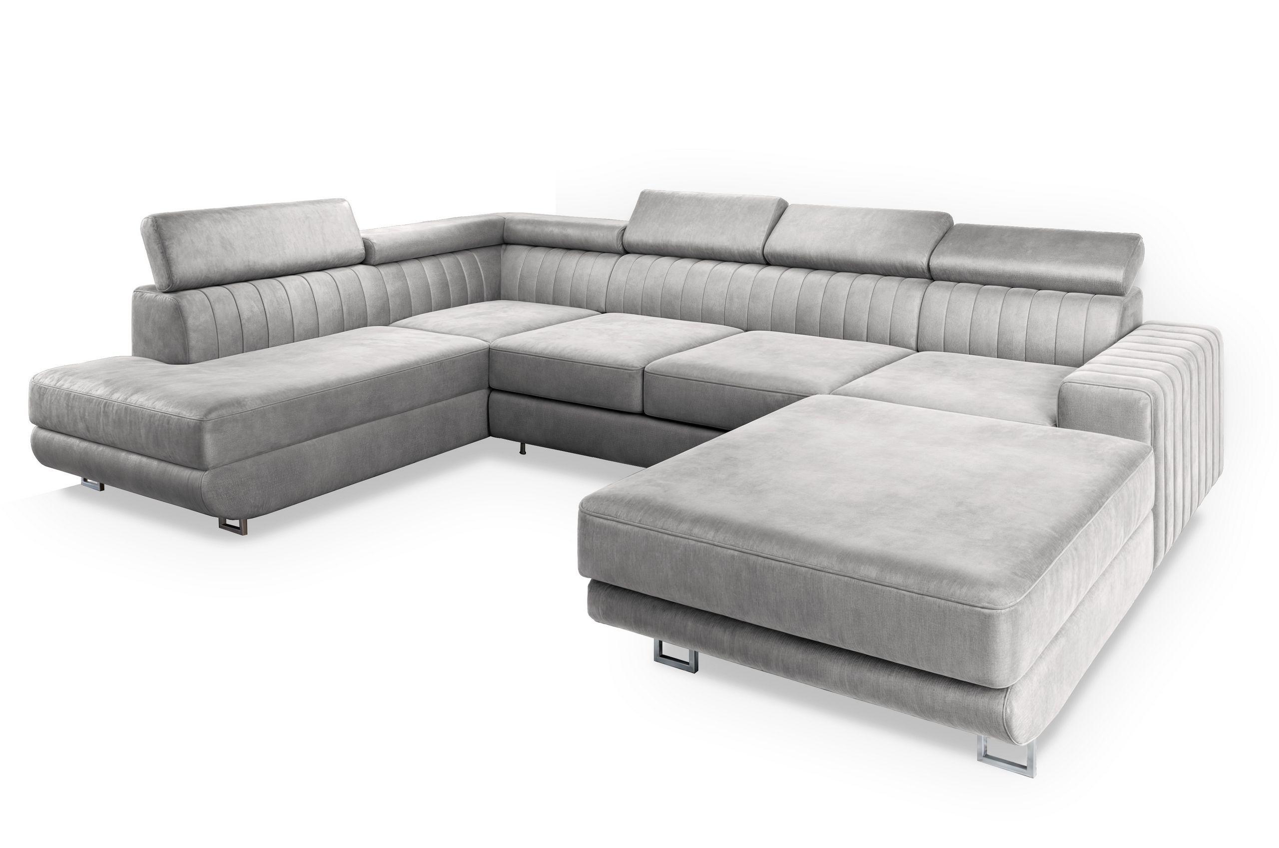 WOHNLANDSCHAFT SIENA L-S Hellgrau Velours-Stoff mit Schlaffunktion - Silberfarben/Hellgrau, Holz/Textil (335/89/190cm) - MASSENO