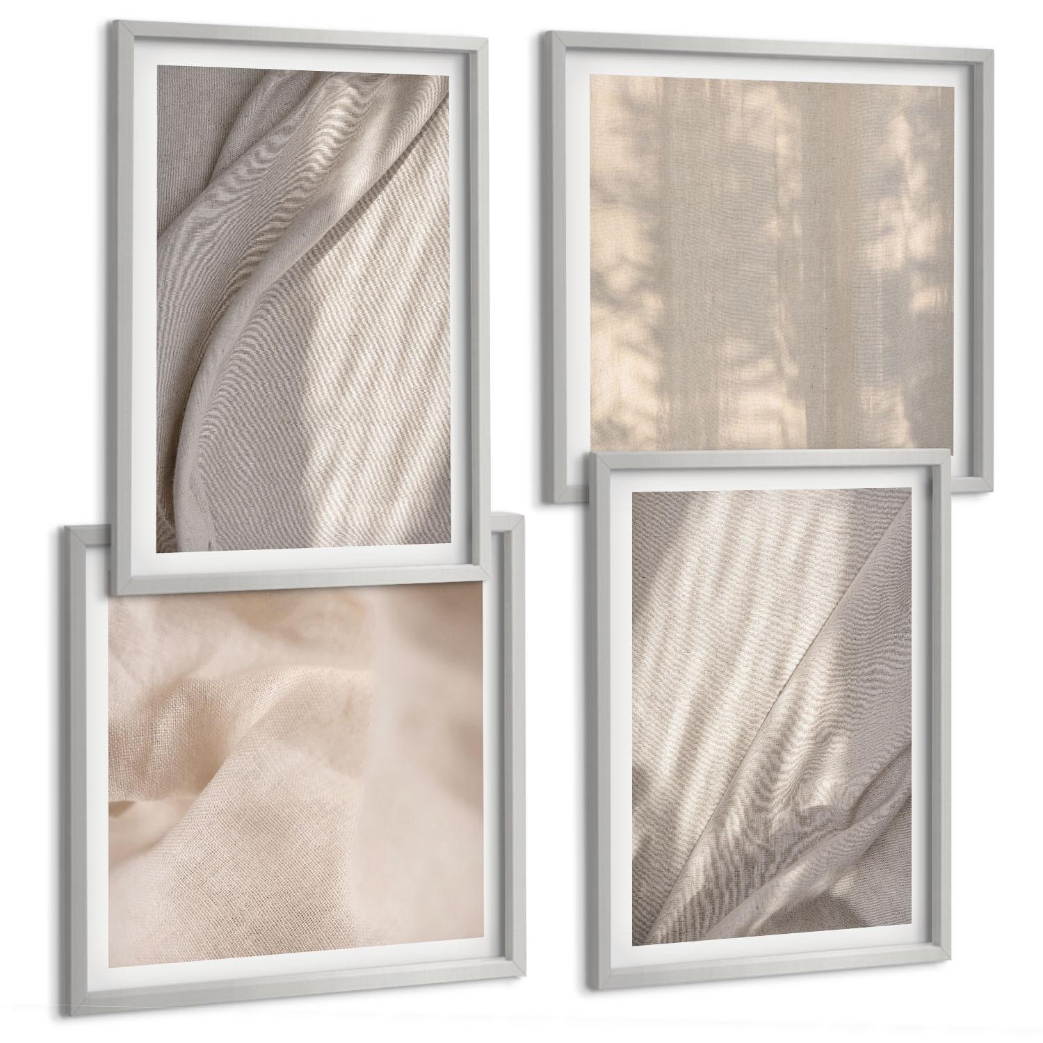 BILDER SET 4er Set - 50x50 cm & 40x60 cm Silberner Rahmen - Nahaufnahme von natürlichen Boho-Stoffen - Silberfarben, Kunststoff (50/50cm) - TULUP