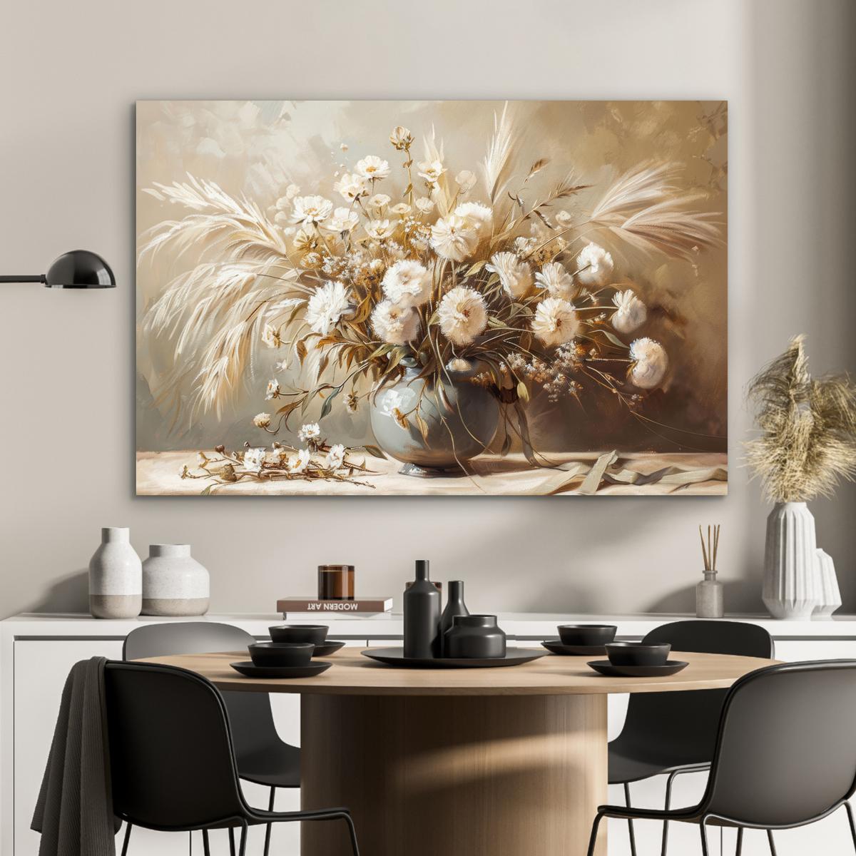 METALLBILD Blumen - Vase - Stilleben - Beige Wanddeko 90x60 cm - Creme, Metall (90/60cm) - MuchoWow