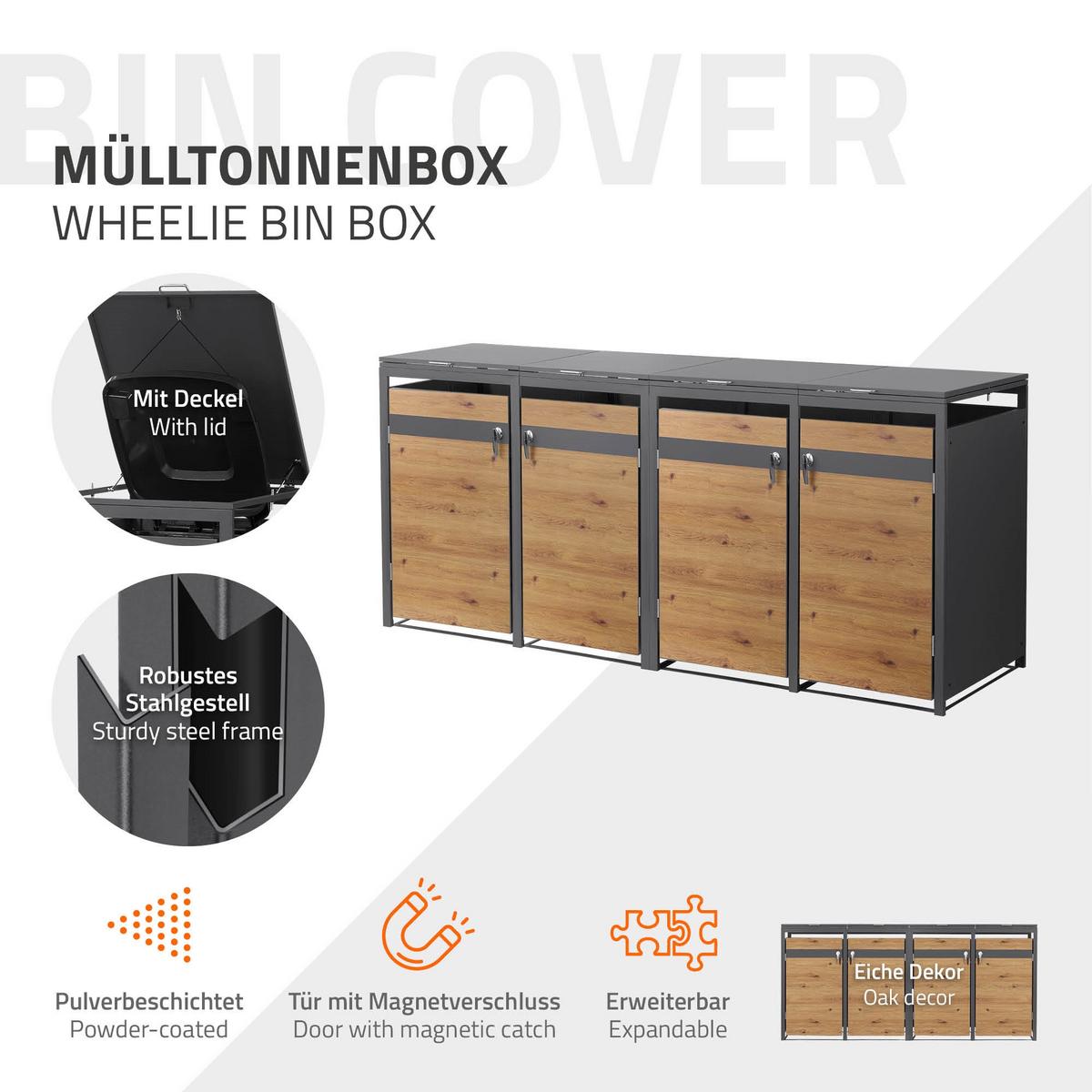MÜLLTONNENBOX 4er Anthrazit-Holzoptik - Braun, Metall (264/120/80cm) - ML-DESIGN