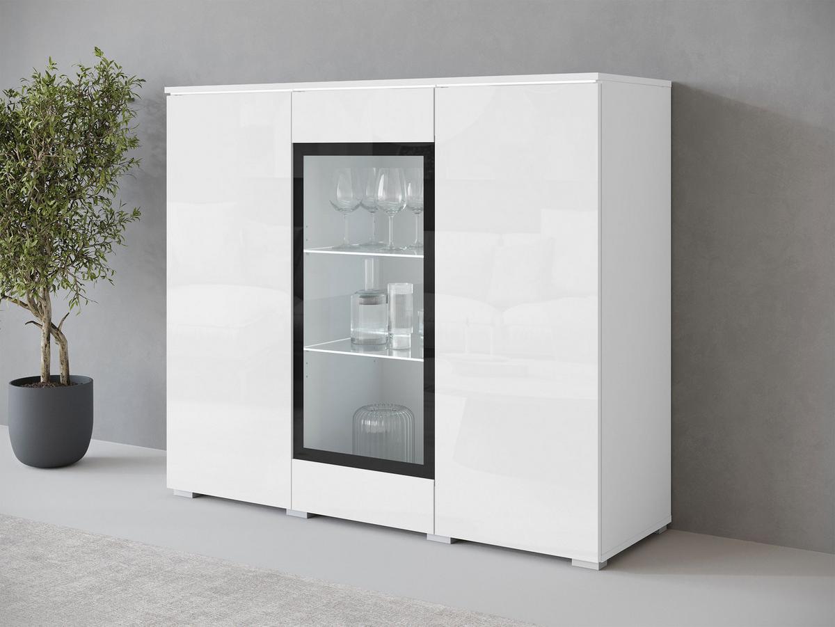 KOMMODE Vera 120 mit weißer LED Beleuchtung - Weiß Hochglanz/Silberfarben, Holzwerkstoff/Kunststoff (120/104/40cm) - MIRJAN24