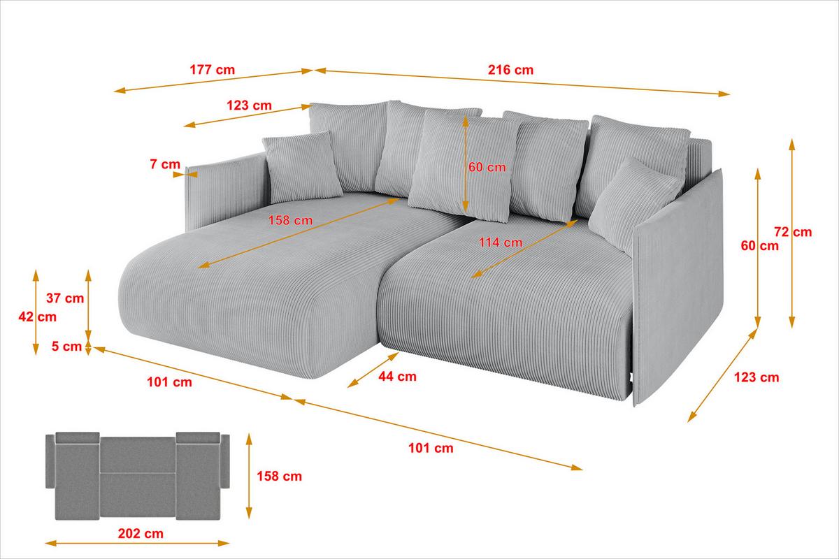 ECKSOFA Ottomane links ONESK-L 216x177x72 Grau Cord - Grau, Holzwerkstoff/Kunststoff (216/177cm) - ALTDECOR