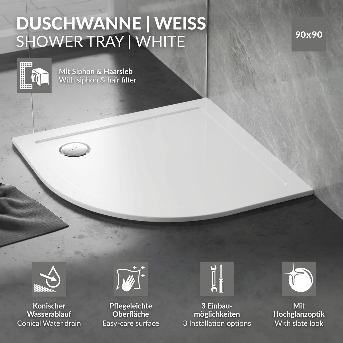 DUSCHWANNE 90x90 cm rund Weiß Duschtasse mit Ablaufgarnitur - Weiß, Kunststoff (90/4/90cm) - LuxeBath