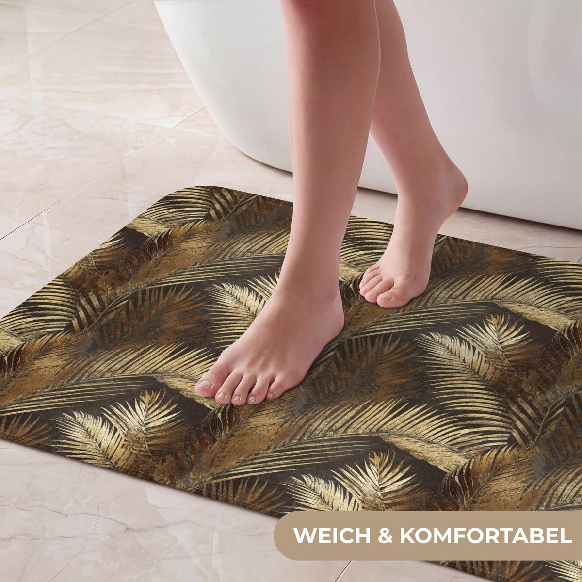 BADEMATTE Tropisch - Blätter - Gold Badvorleger 80x50 cm - Dunkelbraun/Goldfarben, Textil (80/50cm) - OnlyWow