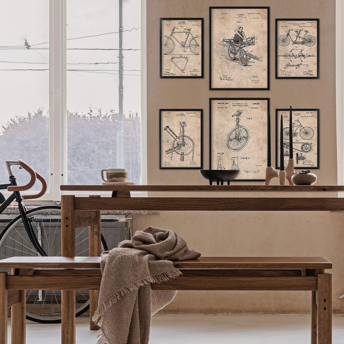 POSTER Set Mit 6 Plakaten Mit Fahrrad Patenten Im Vintage Stil A3 & A4 Rahmen Aus Hellem Holz - Beige, Papier (29/3cm) - Nacnic