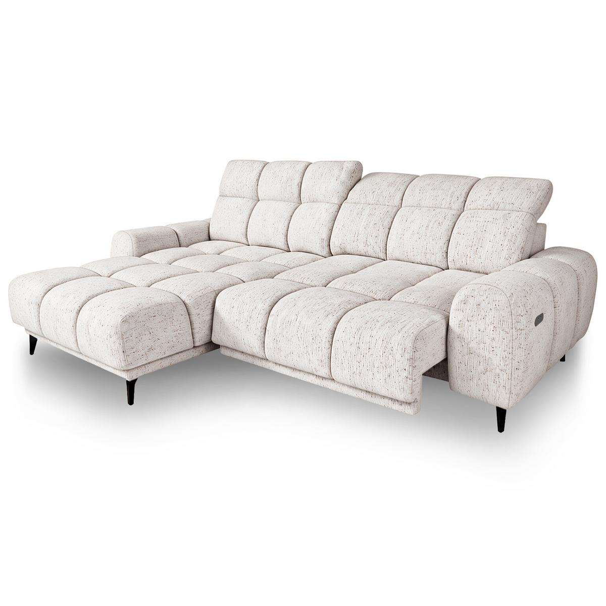 ECKSOFA Marco Mini mit elektrisch ausfahrbarem Sitz und verstellbaren Kopfstützen, Links, Chenille-Stoff, Creme - Creme/Schwarz, Textil (275/182cm) - Beautysofa