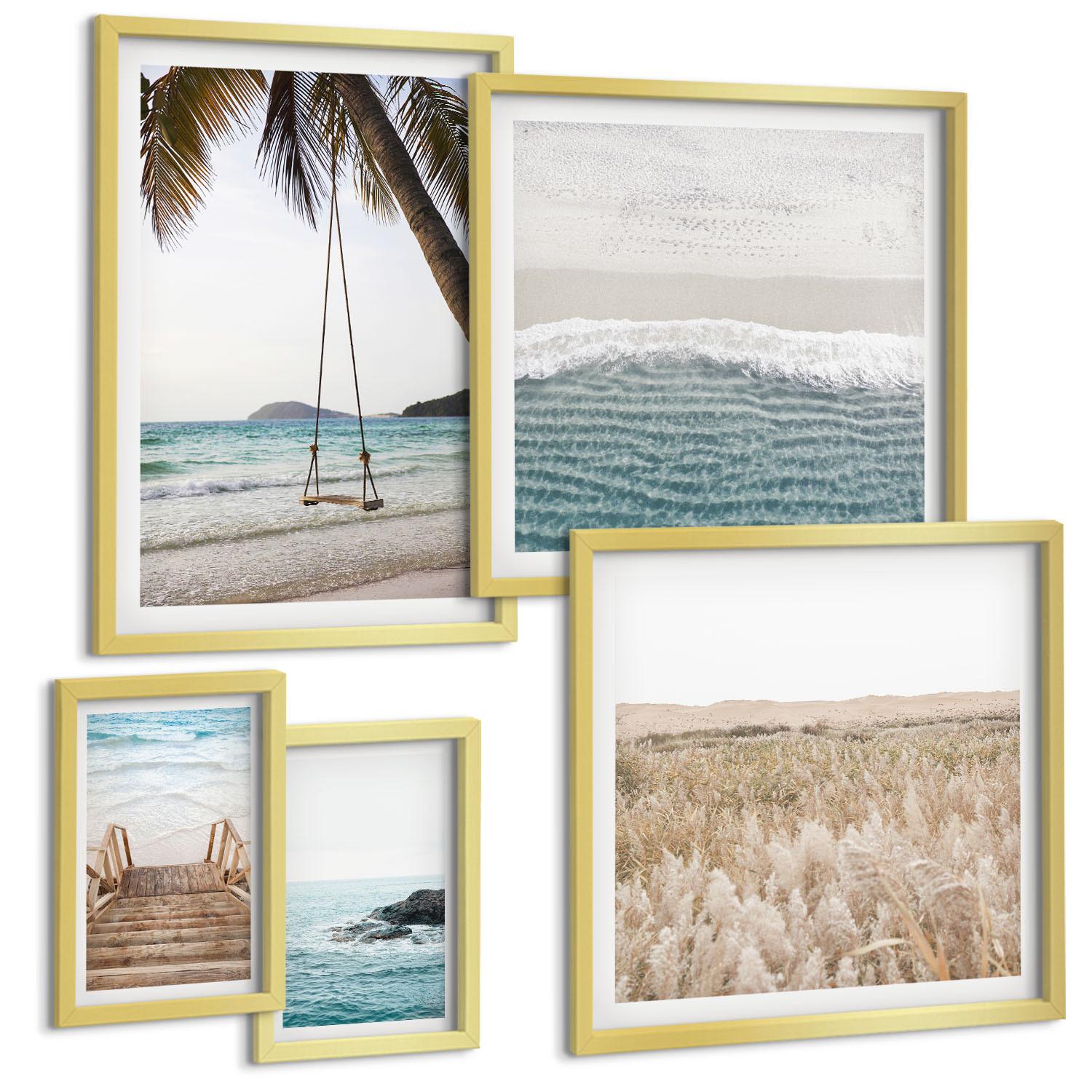 BILDER SET 5er Set - 50x50 cm & 20x30 cm & 40x60 cm Goldrahmen - Treppe, Strand, Meerblick, Schaukel - Goldfarben, Kunststoff (40/60cm) - TULUP