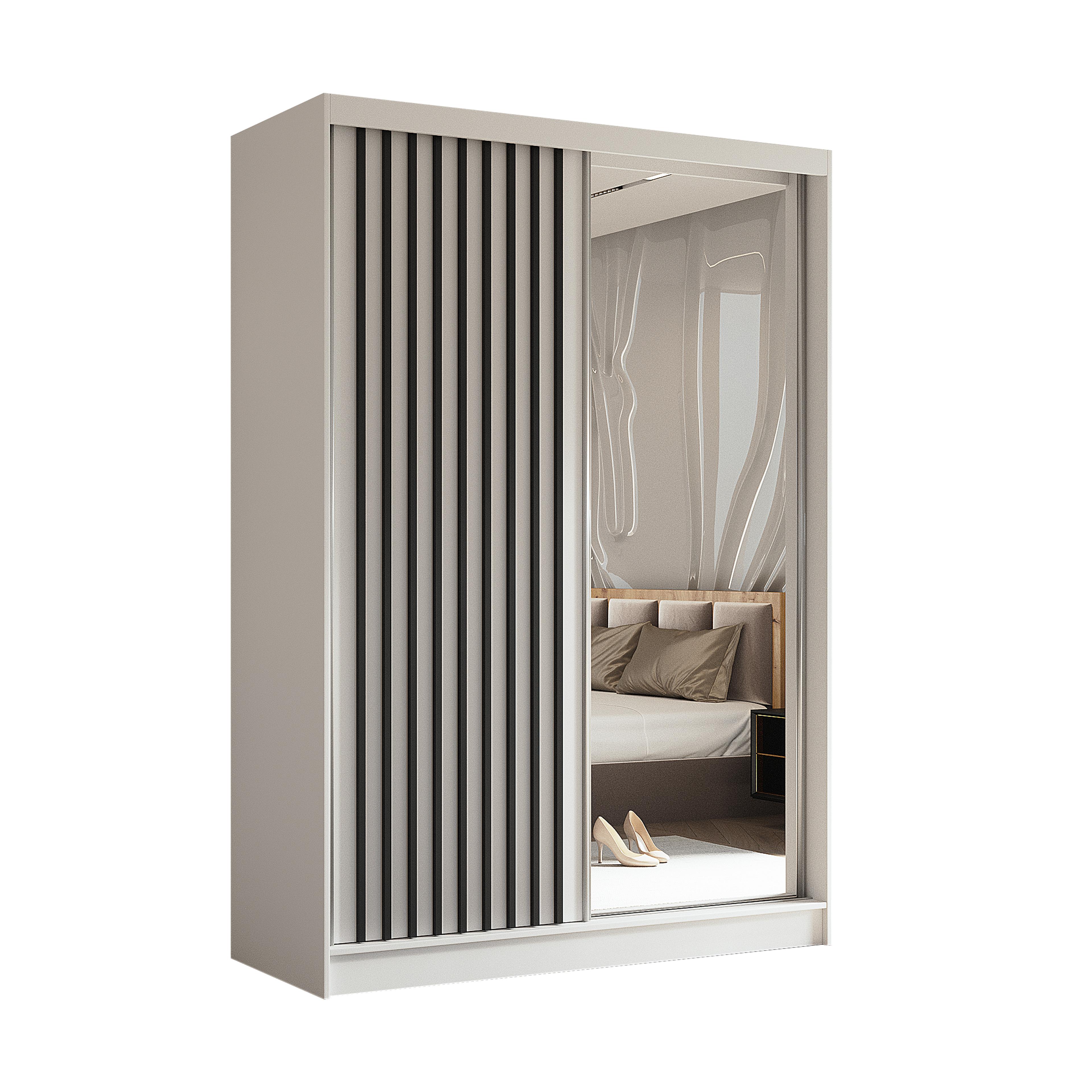 SCHWEBETÜRENSCHRANK LAMELLO 150/216/61 cm 2-türig mit Spiegel Weiß - Weiß, Holzwerkstoff (150/216/61cm) - MASSENO
