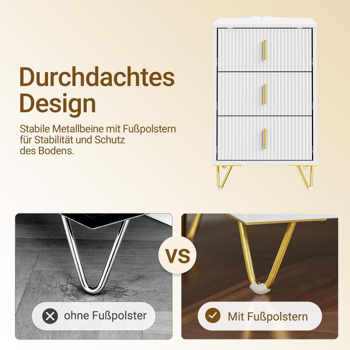 NACHTTISCH mit Ladefunktion und 3 schubladen, weiß 40x40x63,5cm - Weiß, Holzwerkstoff (40/64/40cm) - SoBuy
