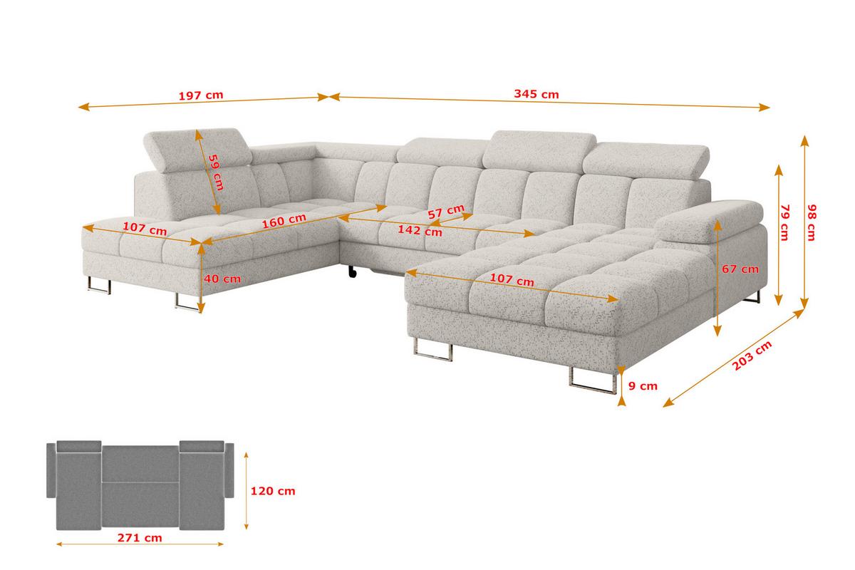 WOHNLANDSCHAFT mit Schlaffunktion und Bettkasten Ottomane Links COMA U 345x203x79 Hellgrau Velours - Hellgrau, Holzwerkstoff/Textil (345/79/203cm) - ALTDECOR