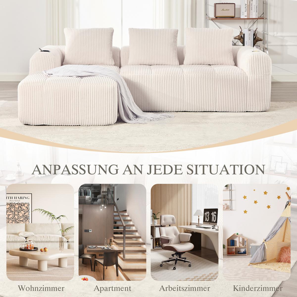 ECKSOFA 3-Sitzer mit Getränkehalter, Seitentaschen & 3 Kissen - Beige, Textil (253/158cm) - Urban Meuble