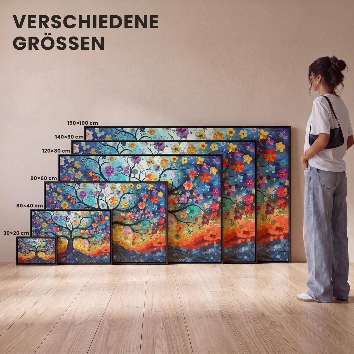 LEINWAND Bilder mit Rahmen - Kunst - Baum des Lebens - Blumen - Hippie - 120x80 - Dunkelblau, Textil (120/80cm) - MuchoWow