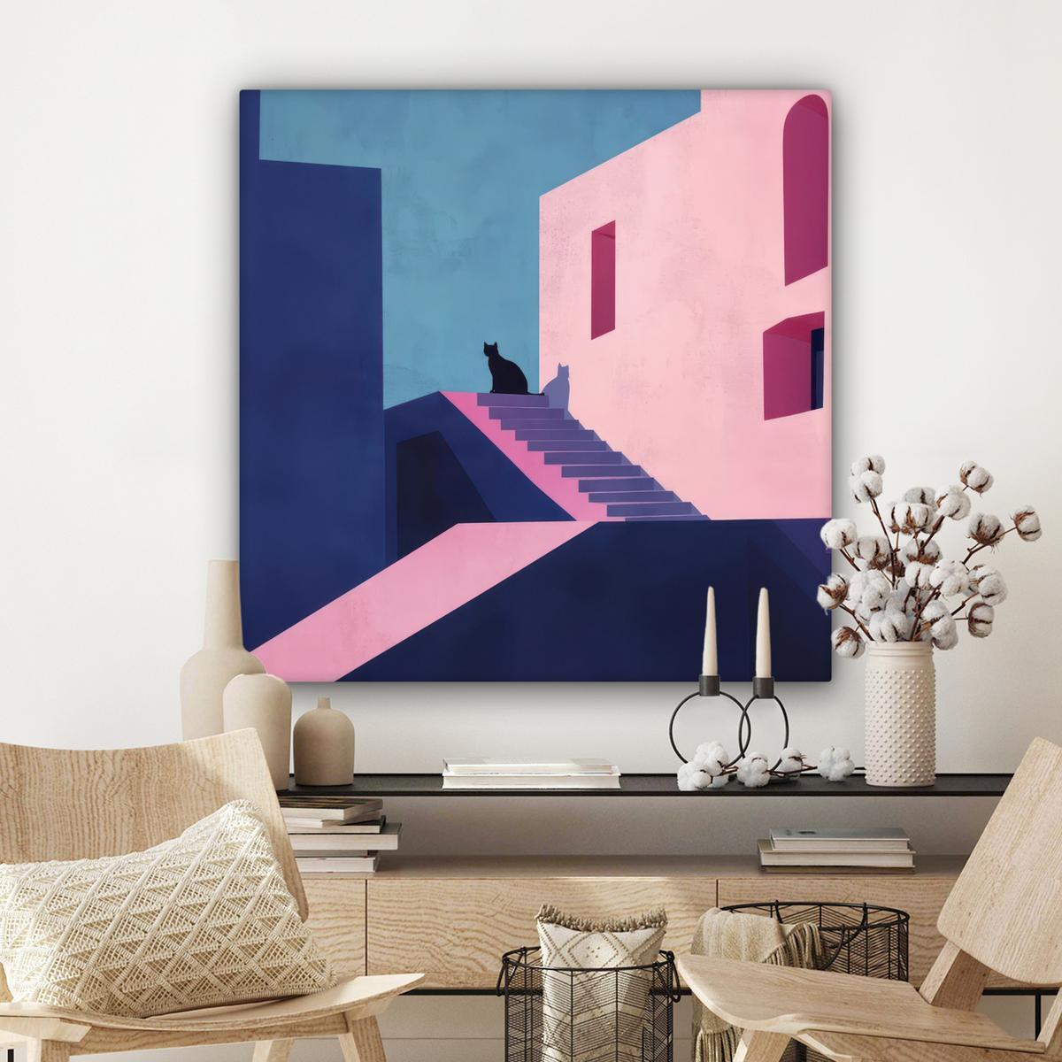 LEINWANDBILD Katze - Treppe - Gebäude - Schattenkontraste Deko Groß 90x90 cm - Dunkelblau, Textil (90/90cm) - MuchoWow