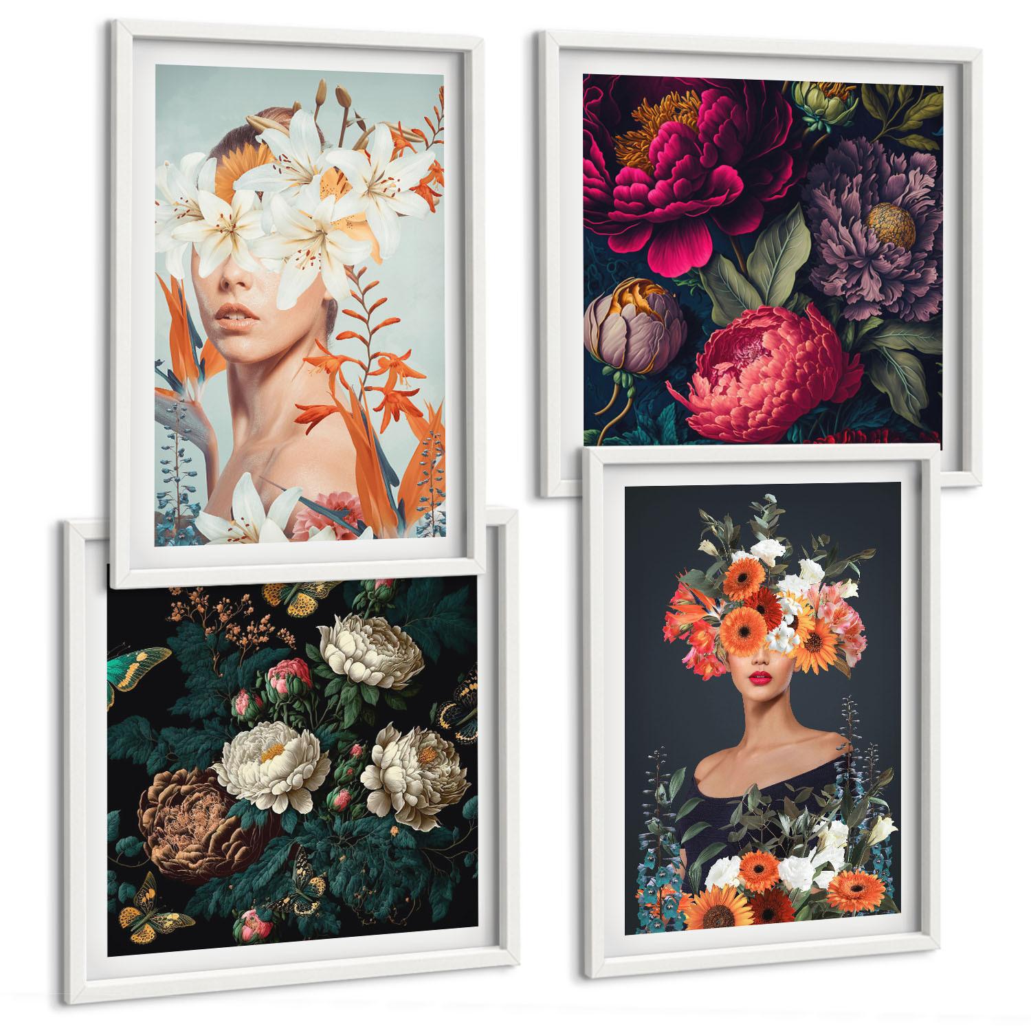 BILDER SET 4er Set - 50x50 cm & 40x60 cm Weißer Rahmen - Blumenporträts, Sträuße, Blätter - Weiß, Kunststoff (50/50cm) - TULUP