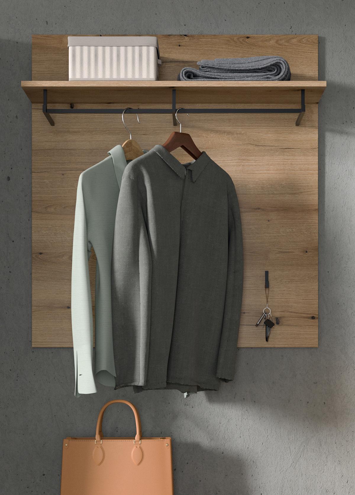 GARDEROBENPANEEL Evoke Eiche 90 cm, Flurgarderobe mit Kleiderstange - Eichefarben, Holzwerkstoff/Metall (90/98/27cm) - Inn.Furn