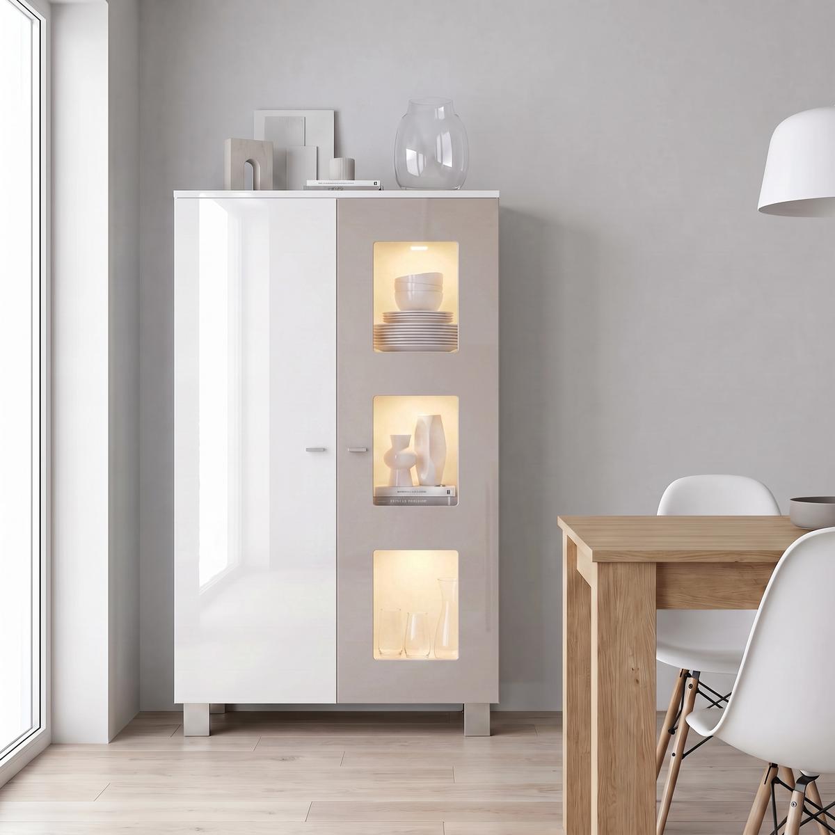 VITRINE Denjo Tür in Sandgrau Hochglanz - Sandfarben, Holzwerkstoff (71/129/35cm) - Vladon