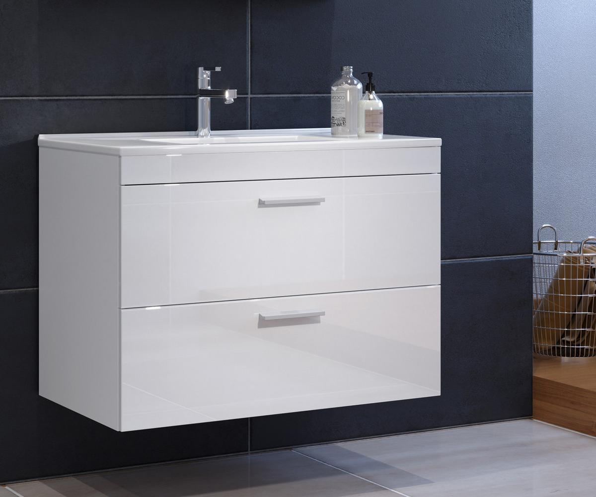 WASCHBECKENUNTERSCHRANK mit Waschbecken weiß Hochglanz, Waschtisch hängend 81 x 59 cm - Weiß Hochglanz/Silberfarben, Holzwerkstoff/Kunststoff (81/59/47cm) - Top.Furn