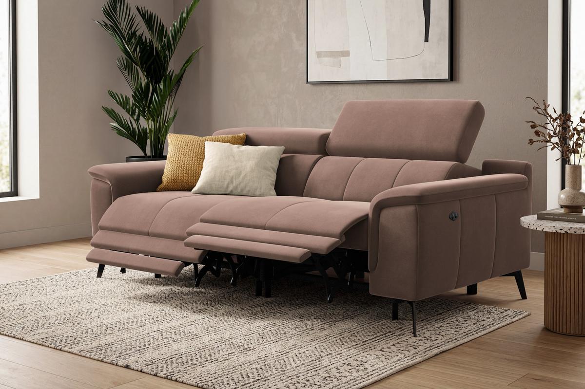 SOFA RELAX FIERO 3-Sitzer, Brauner Veloursstoff - Schwarz/Braun, Holz/Textil (212/82/103cm) - Courtois Laville