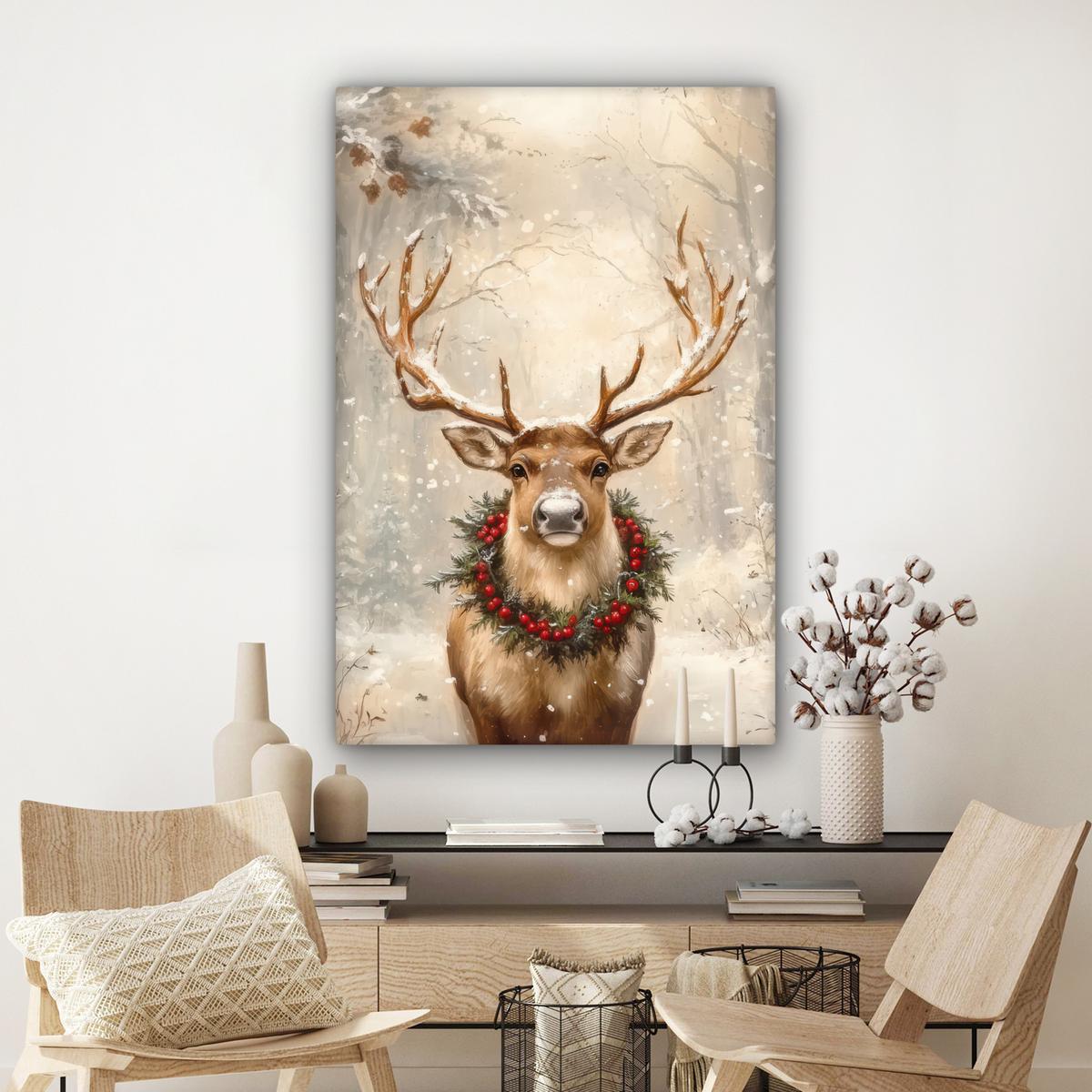 LEINWANDBILD Weihnachten - Rentier - Winter - Kranz Deko XXL 80x120 cm - Naturfarben, Textil (80/120cm) - MuchoWow
