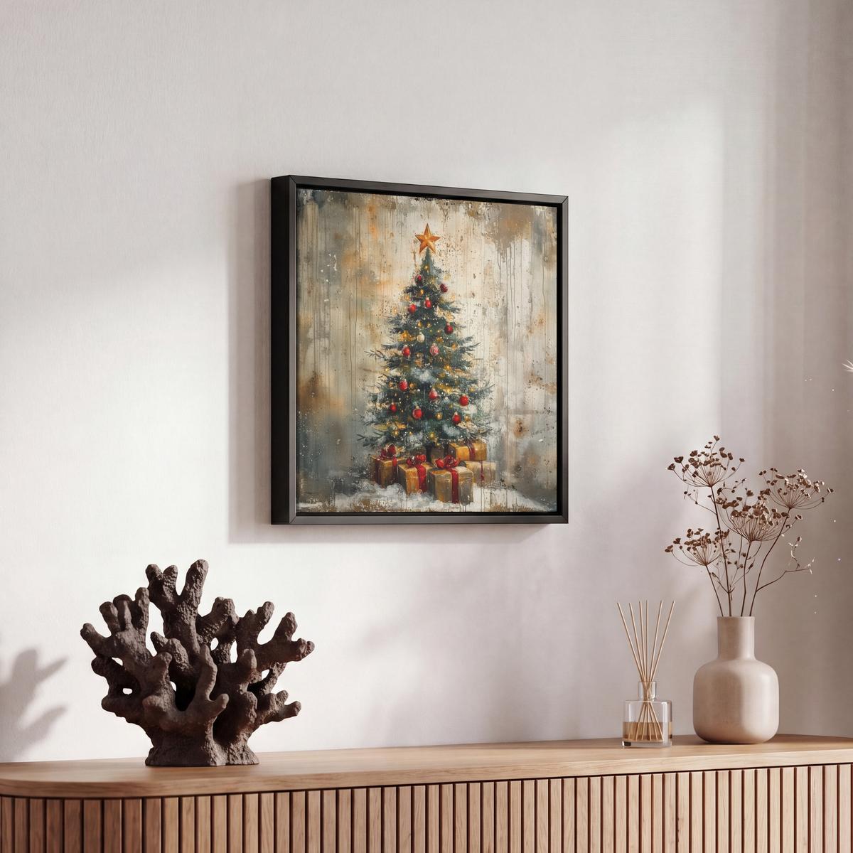 LEINWAND Bilder mit Rahmen - Weihnachtsbaum - Vintage - Weihnachten - Geschenk - 20x20 - Rostfarben, Textil (20/20cm) - MuchoWow