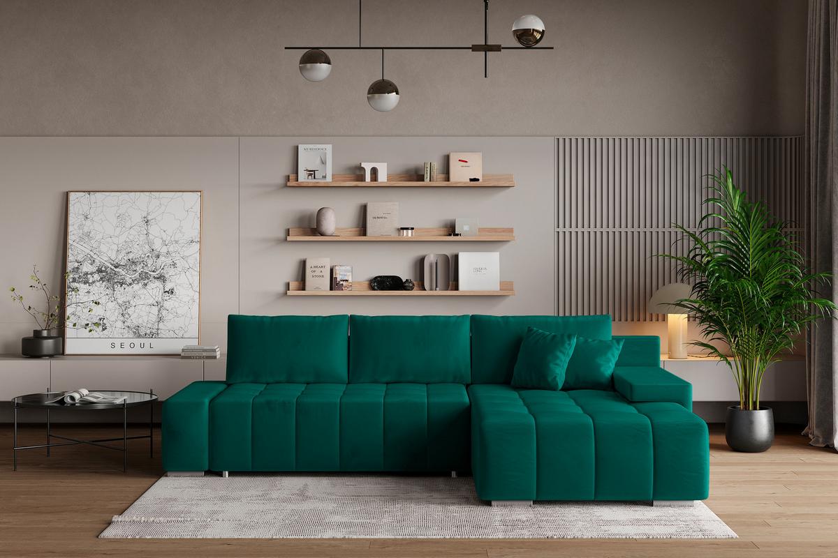 ECKSOFA ALESE R-S Grün Velours-Stoff mit Schlaffunktion - Silberfarben/Grün, Holz/Textil (265/185cm) - MASSENO