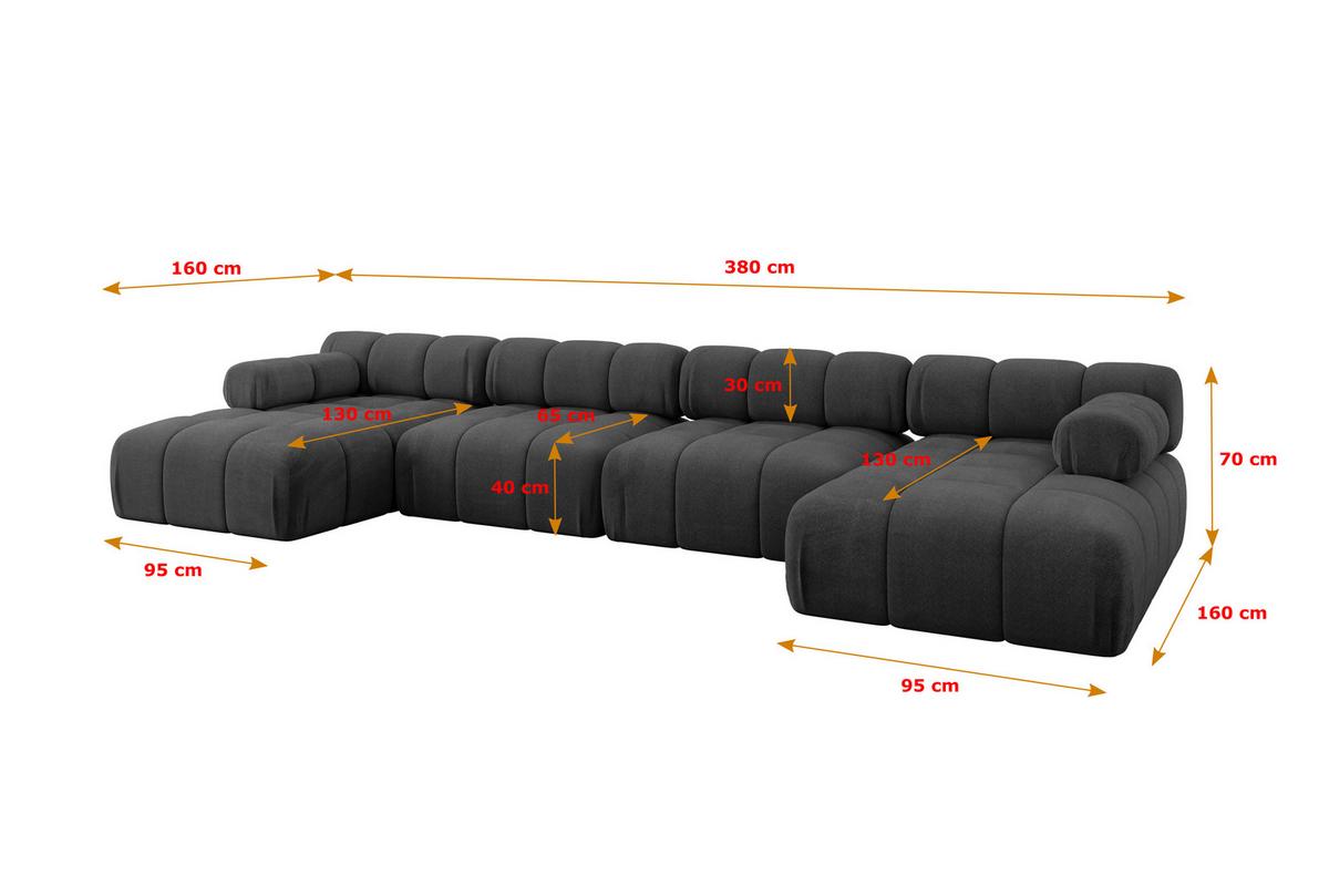 WOHNLANDSCHAFT modulares Sofa Tesso-U2 - 380x160x70 cm Schwarz Velours - Schwarz, Holzwerkstoff/Textil (380/70/160cm) - ALTDECOR