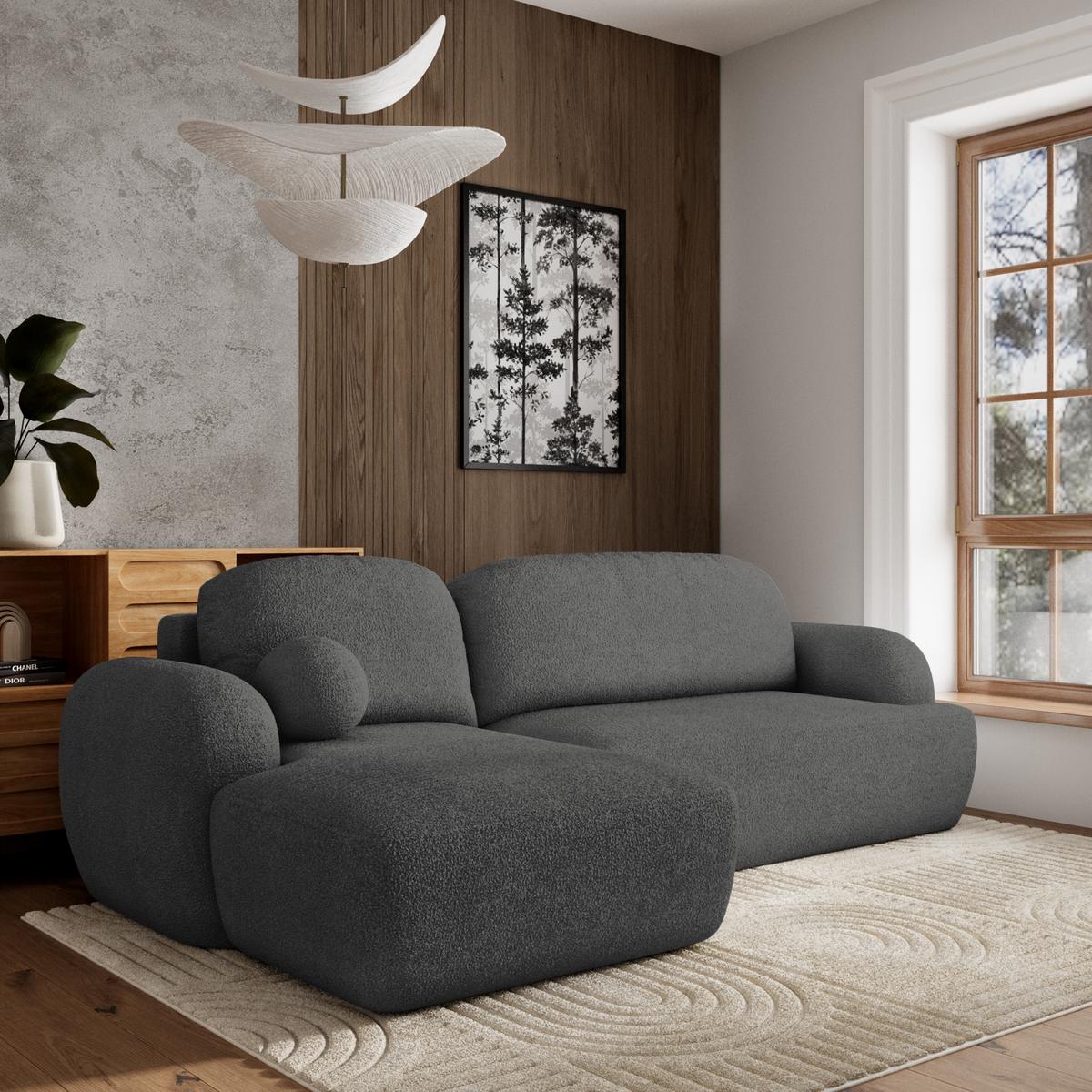ECKSOFA MODENZA N L-S Grau Boucle-Stoff mit Schlaffunktion - Schwarz/Grau, Holz/Kunststoff (266/148cm) - MASSENO
