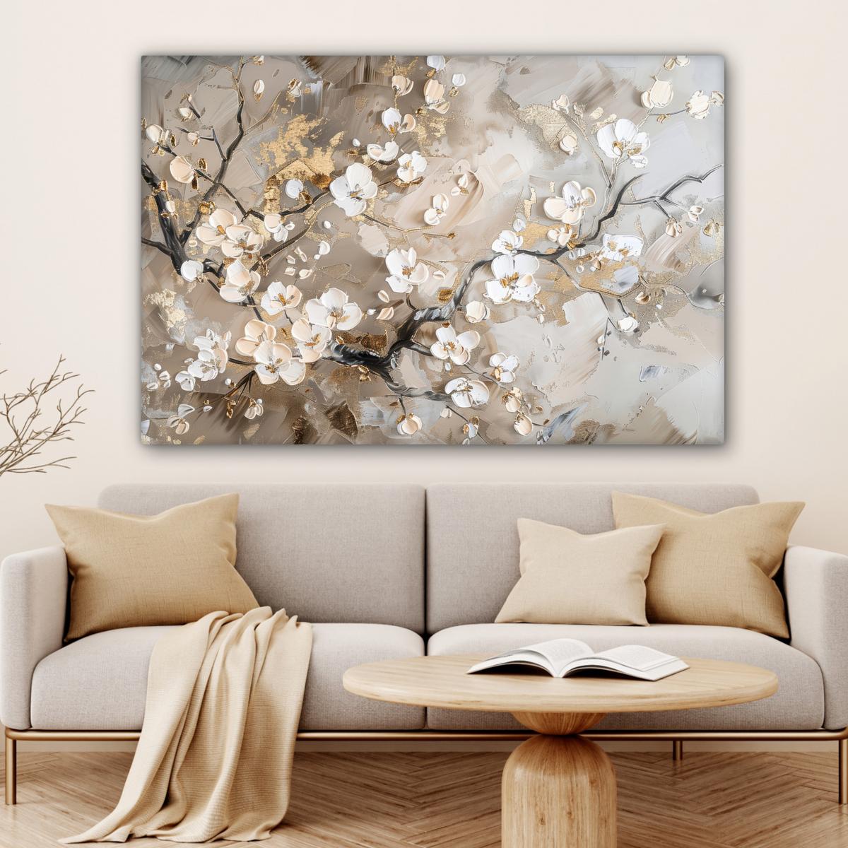 LEINWANDBILD Blumen - Weiß - Gold - Beige - Luxus Wohnzimmer Groß 120x80 cm - Greige, Textil (120/80cm) - MuchoWow