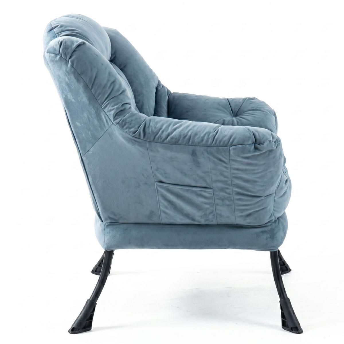 SESSEL aus samt und metall, mit kopfstütze und seitentasche - Hellblau, Metall (75/85/80cm) - Urban Meuble