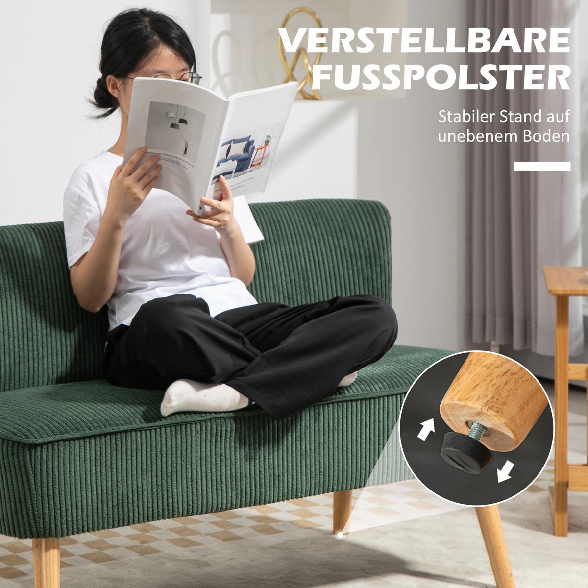 2 Sitzer Sofa, Gepolsterte Couch mit Kordoptik, Holzbeine für Wohnzimmer, Grün - Waldgrün/Naturfarben, Holz/Textil (56.5/77/117cm) - HOMCOM