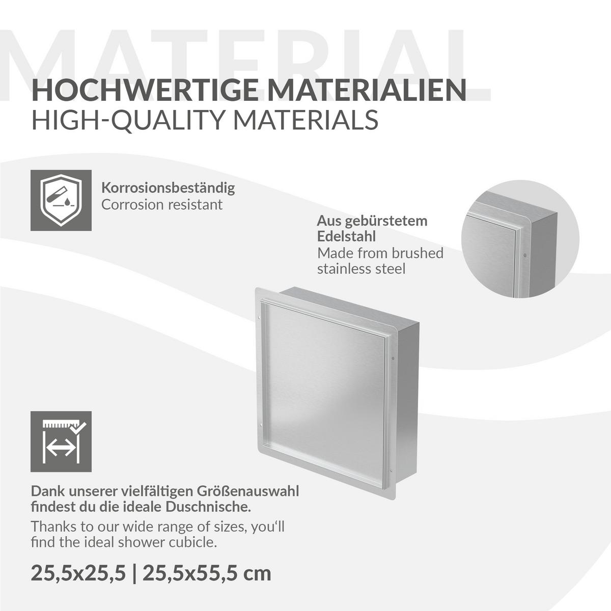 DUSCHNISCHE Edelstahl gebürstet mit befliesbarer Tür Silber 25,5/25,5 cm - Silberfarben, Metall (30/10/30cm) - LuxeBath