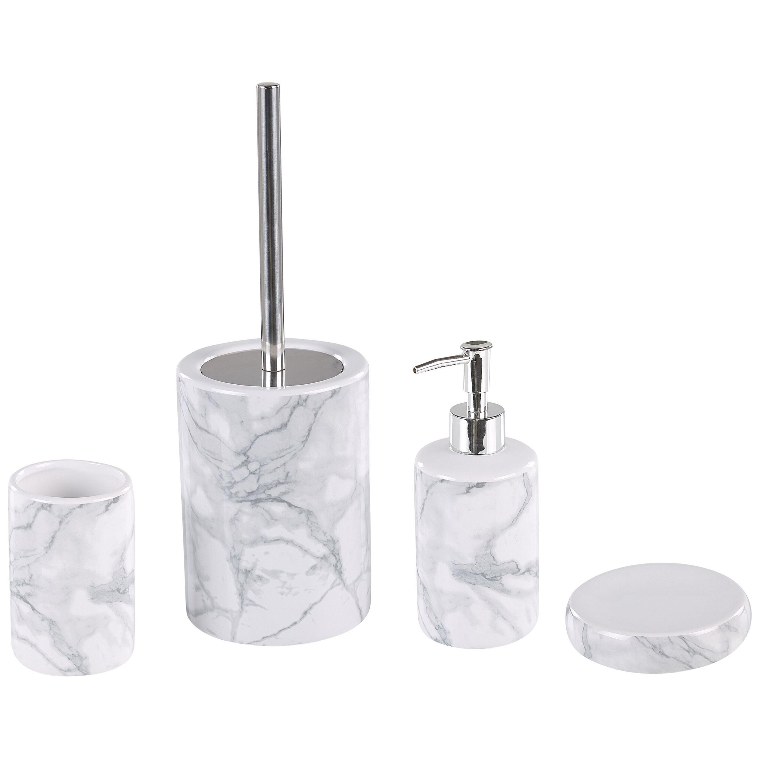 BADEZIMMER Set 4-teilig Keramik Marmoroptik Arauco - Weiß, Keramik (12/35/12cm) - Beliani