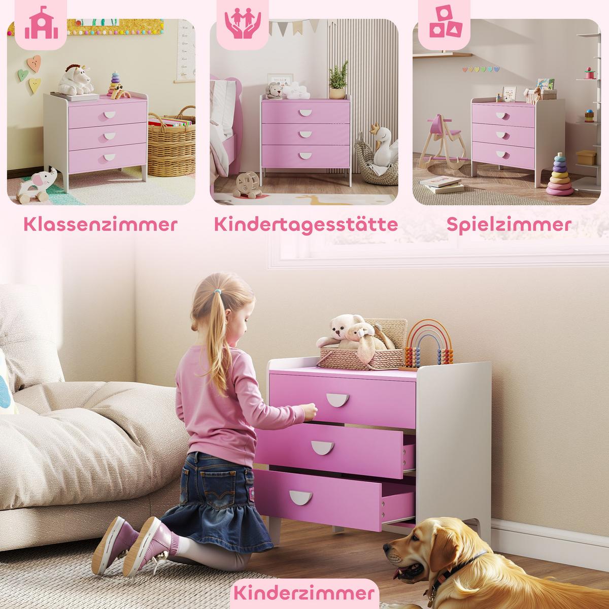 SPIELZEUGSCHRANK für Kinder, Kommode mit 3 Schubladen, Rosa+Weiß - Weiß/Rosa, Holzwerkstoff (40/60/60cm) - AIYAPLAY