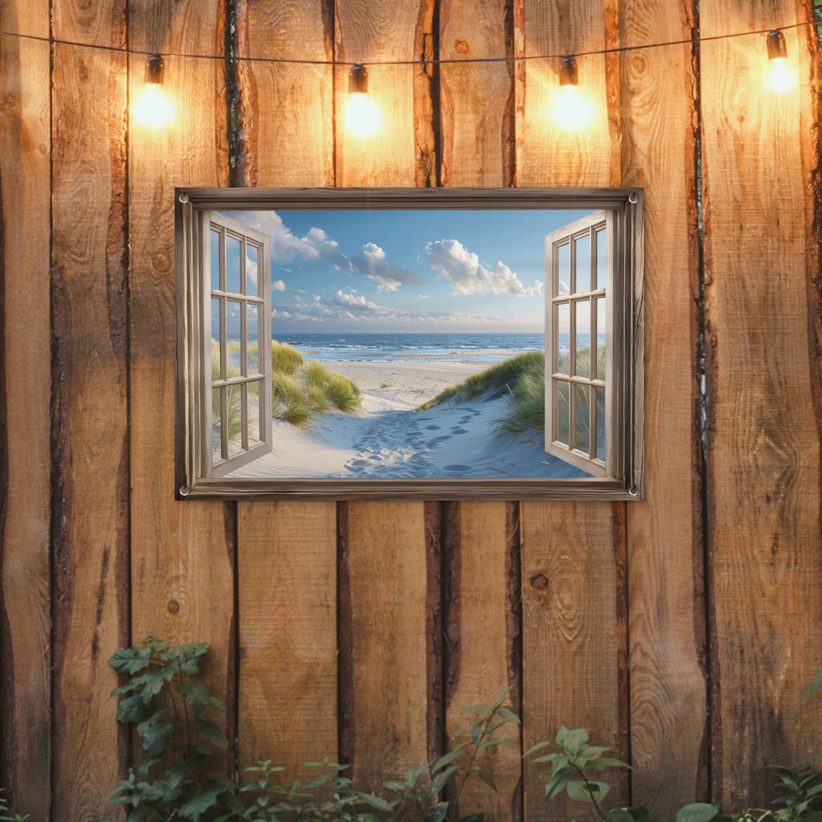 GARTENPOSTER Aussicht - Strand - Fenster - Dünen - Meer Gartendeko 90x60 cm - Hellblau, Kunststoff (90/60/0.2cm) - OnlyWow
