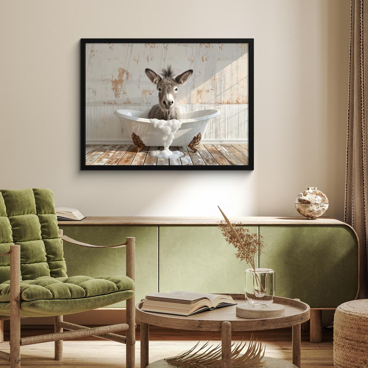 POSTER MIT RAHMENGERAHMTES BILD Esel - Tiere - Badewanne - Schaumstoff 80x60 cm - Weiß, Papier (80/60cm) - MuchoWow