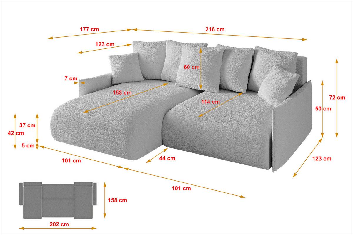 ECKSOFA Ottomane links ONESK-L -v1 216x177x72 Hellgrau Bouclé - Hellgrau, Holzwerkstoff/Kunststoff (216/177cm) - ALTDECOR
